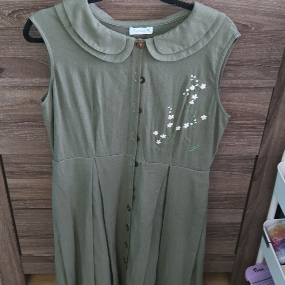 Emsilk Design Hand Embroidered Linen Dress: Olive Green Floral Tea Dress - Picture 7 of 8